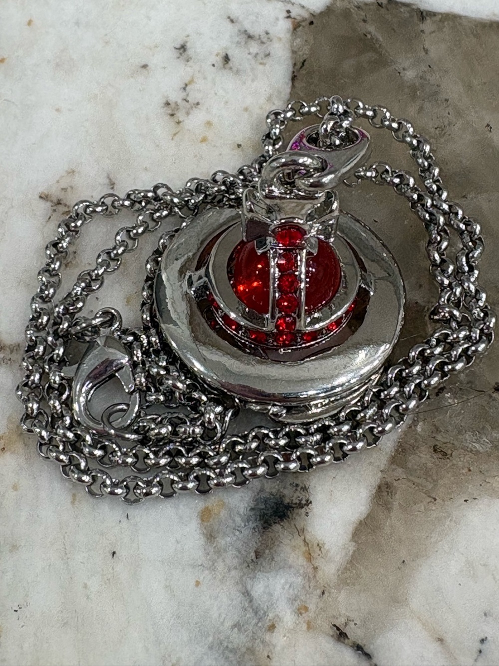 Vivienne Westwood Silver Tone Orb Pendant Necklace with Red Crystal